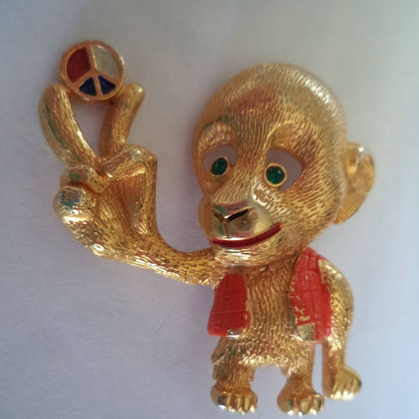 Vintage Gesigneerde JJ Goldtone Kleine Groovy Vrede Monkey Broche / Pin Zeldzame