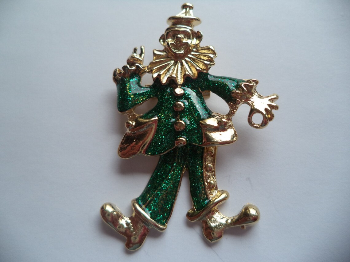 Vintage Unsigned Goldtone/green Articulated Clown Brooch/pin Etsy