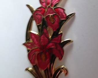 Fabulous Vintage Signed Fish and Crown Cloisonne Red Flowers   Brooch/Pin