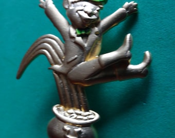 Vintage Signed JJ Gold pewter Leprechaun jumping over Pot of Gold Brooch/Pin