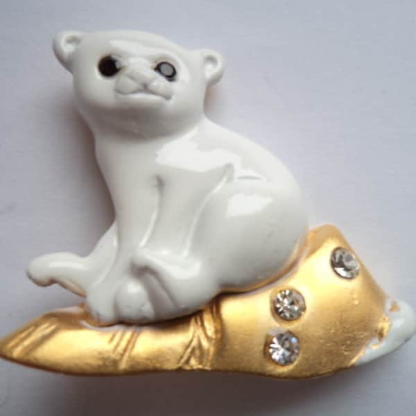 Vintage Signed Danecraft Gold pewter Baby Polar Bear on Iceberg Brooch/Pin