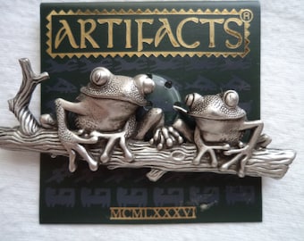 Vintage Signed JJ  Silver pewter Frogs on Branch Brooch/Pin