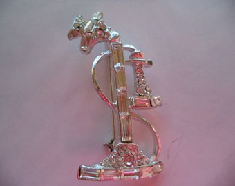 Vintage Unsigned  Silvertone/Clear Rhinestone Telephone Brooch/Pin