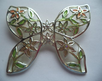 Vintage Signed Danecraft Silvertone Outlined Pink/Green AB Stones Butterfly" Brooch/Pin