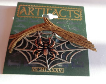 Vintage Signed JJ Copper/Bronze/Silver pewter Spider and Web hanging on Branch  Brooch/Pin