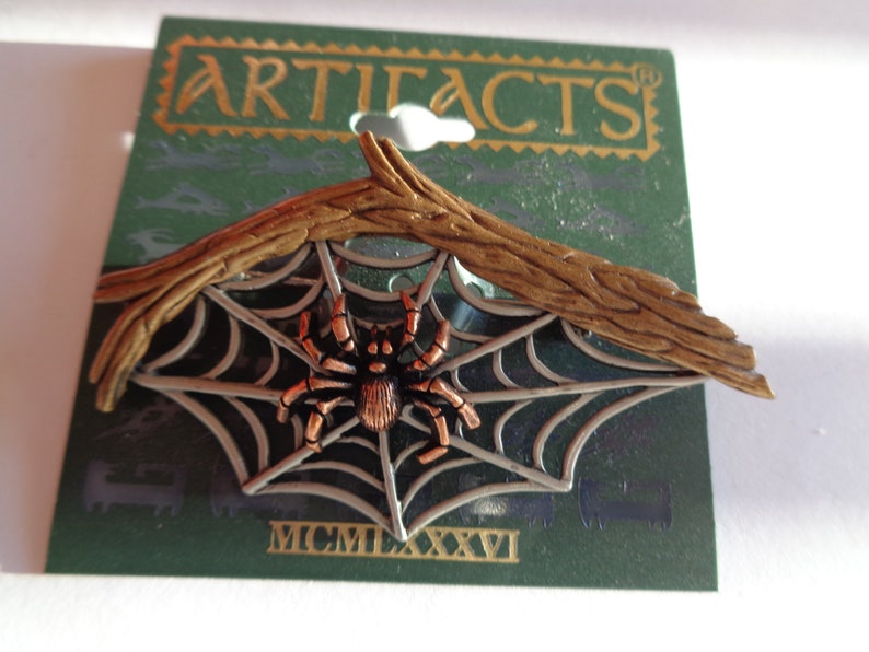 Vintage Signed JJ Copper/Bronze/Silver pewter Spider and Web hanging on Branch Brooch/Pin image 1