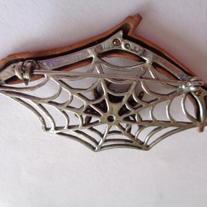 Vintage Signed JJ Copper/Bronze/Silver pewter Spider and Web hanging on Branch Brooch/Pin image 3