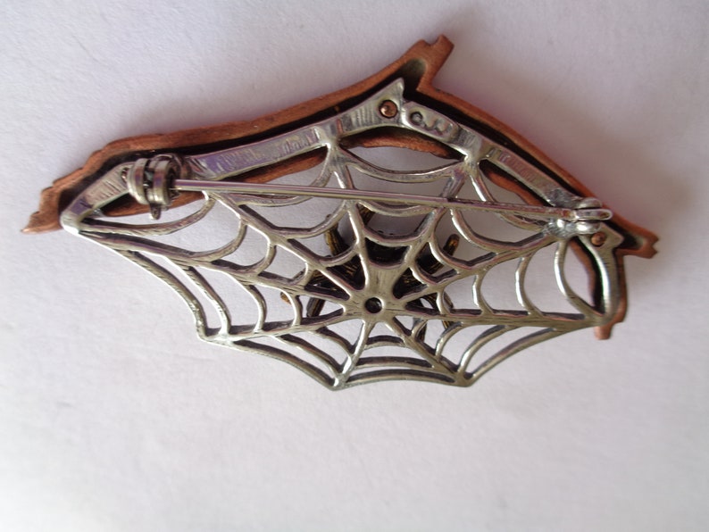 Vintage Signed JJ Copper/Bronze/Silver pewter Spider and Web hanging on Branch Brooch/Pin image 3