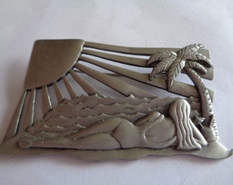 Vintage Signed JJ  Silver pewter Beach Lady Very Art Deco Brooch/Pin  Rare