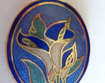 Vintage Signed Fish and Crown Cloisonne Blue Background Blue Lily's Brooch/Pin