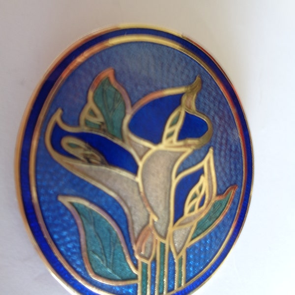 Vintage Signed Fish and Crown Cloisonne Blue Background Blue Lily's Brooch/Pin