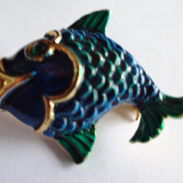 Vintage Signed Reina Del Mar 1973 Small Blue Fish Brooch/Pin