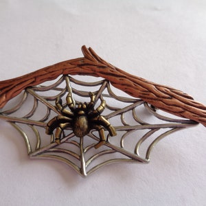 Vintage Signed JJ Copper/Bronze/Silver pewter Spider and Web hanging on Branch Brooch/Pin image 2