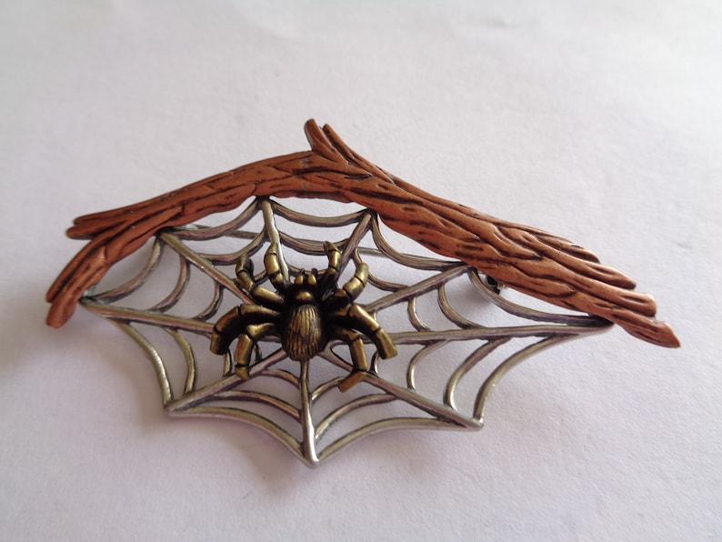 Vintage Signed JJ Copper/Bronze/Silver pewter Spider and Web hanging on Branch Brooch/Pin image 2