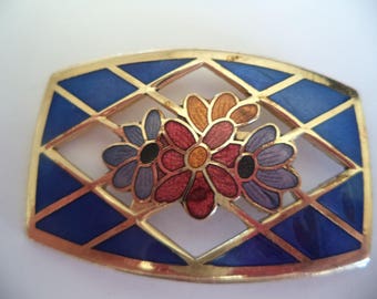 Fabulous Vintage Unsigned Large Cloisonne Goldtone/Blue Brooch/Pin