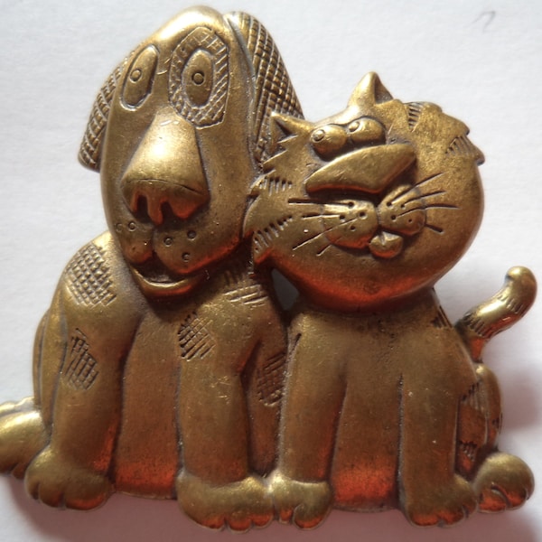 Vintage signierte JJ Bronze Zinn lächelnde Katze und Hund Brosche / Pin