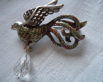 Vintage Signed Danecraft  Silvertone Bird of Paradise Dangler Brooch/Pin