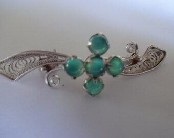 Vintage Sterling Silver/Green Moonstone Filigree Brooch/Pin  Very Pretty