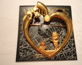 Vintage Signed JJ Goldtone Heart with Couple Brooch/Pin