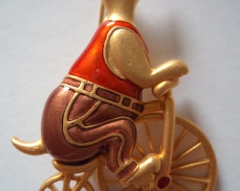 Vintage Signed Danecraft Goldtone Enamel Bear on Bike Brooch/Pin     Very Unusual