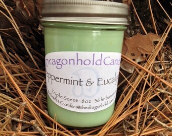 Peppermint and Eucalyptus 8oz Hand Poured Candle, Soy-Paraffin, Triple Scented