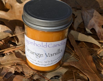 Orange Vanilla 8oz Hand Poured Candle, Soy-Paraffin, Triple Scented