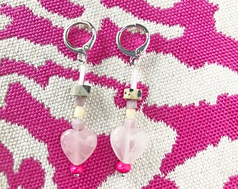 Rose Quartz Heart Beaded Earrings