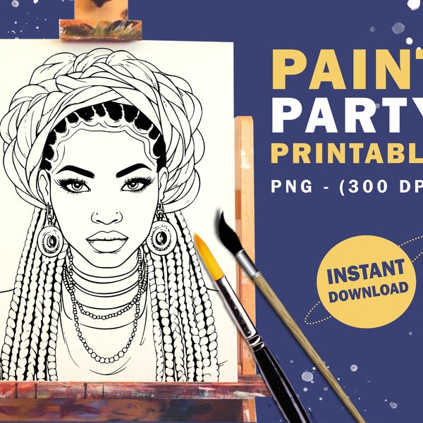 Braids Headwrap Paint & Sip Party Printable PNG Digital Download DIY Pre drawn Coloring Page Stencil Outline