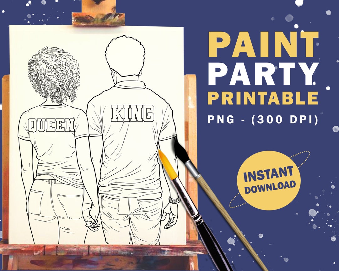 Couple Paint &amp; Sip Party Printable King Queen PNG Digital Download DIY Pre Drawn Coloring Page ...
