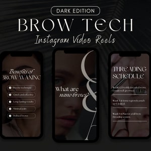 May include: A dark themed Instagram post with four different slides about brow waxing and threading. The first slide lists the benefits of brow waxing, the second slide asks "What are nano brows?", the third slide shows a threading schedule, and the fourth slide is a consultation form.