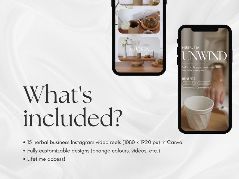 May include: A mockup of a phone screen showing a graphic for a herbal tea product called "UNWIND". The graphic features a white ceramic teacup with a textured design, and the text "HERBAL TEA UNWIND" in a minimalist font. The text "Crafted to help you unwind and find tranquility in every sip." is also included. The graphic is set against a white background.