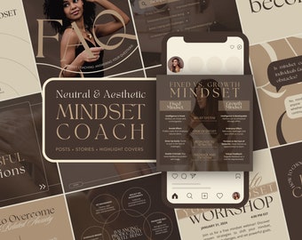 May include: A collage of images with a brown and beige color scheme. The images feature text about mindset coaching, including the words "Neutral & Aesthetic Mindset Coach", "Fixed vs. Growth Mindset", and "Workshop".