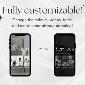 May include: Two screenshots of a mobile phone screen showing a website with the word "Services" in a large font. The website lists services such as financial planning, investment advice, and budgeting. The left screenshot shows a light background with a photo of a chair, while the right screenshot shows a dark background with a photo of a laptop.
