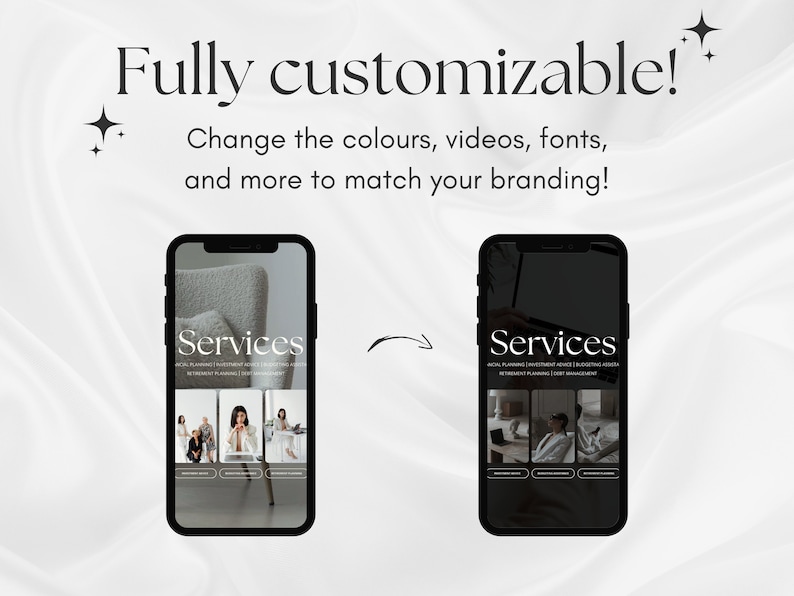 May include: Two screenshots of a mobile phone screen showing a website with the word "Services" in a large font. The website lists services such as financial planning, investment advice, and budgeting. The left screenshot shows a light background with a photo of a chair, while the right screenshot shows a dark background with a photo of a laptop.