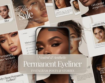 Permanent Eyeliner Instagram Posts & Stories, Permanent Makeup Artist Social Media Bundle, PMU Canva Marketing Templates, Branding Kit