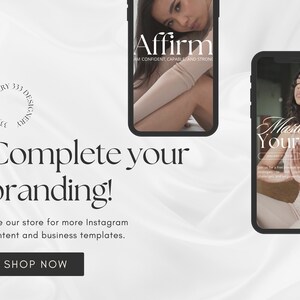 May include: Two phone screens with mockups of Instagram posts. The first post is a white text on a black background that says "Affirm I am confident, capable and strong." The second post is a white text on a black background that says "Master Your Life".