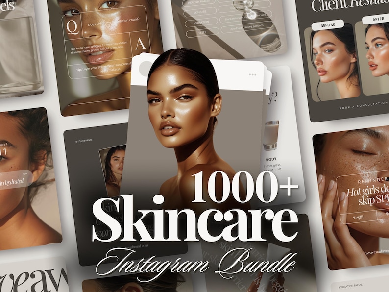 Pu&ograve; includere: Un collage di immagini che promuovono un pacchetto di oltre 1000 post Instagram sul tema della cura della pelle. Le immagini mostrano modelli con la pelle radiosa, prodotti per la cura della pelle e testo su consigli e routine per la cura della pelle.