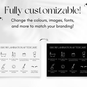 May include: Two black and white printable cards with instructions for brow lamination aftercare. The cards have a white background with black text and icons on the left and a black background with white text and icons on the right. The text on the cards reads "BROW LAMINATION AFTERCARE".