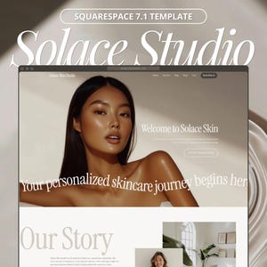 Op de afbeelding: Een website-mockup voor Solace Skin, een huidverzorgingsmerk, met een vrouw met een stralende huid. De kop van de website luidt "Welcome to Solace Skin" en "Your personalized skincare journey begins here."