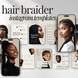 Op de afbeelding: Een promotieafbeelding voor "hair braider instagram templates". Het ontwerp toont een reeks mock-up telefoonschermen en kaarten met afbeeldingen van vrouwen met verschillende gevlochten kapsels. De tekst bevat "Protect Your Hair During" en "Book Now."