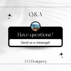 May include: Black and white graphic with the text "Q&A" and "Have questions? Send us a message!" with a small image of a person standing on a beach. The text "333 Designery" is at the bottom of the graphic.