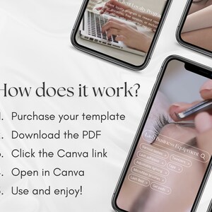 Pode incluir: Um guia passo a passo sobre como usar um modelo de neg&oacute;cios de c&iacute;lios. As etapas s&atilde;o: Compre seu modelo, Baixe o PDF, Clique no link do Canva, Abra no Canva e Aproveite! A imagem tamb&eacute;m mostra uma tela de telefone com uma barra de pesquisa para "Equipamento de neg&oacute;cios de c&iacute;lios" e uma lista de suprimentos para neg&oacute;cios de c&iacute;lios.