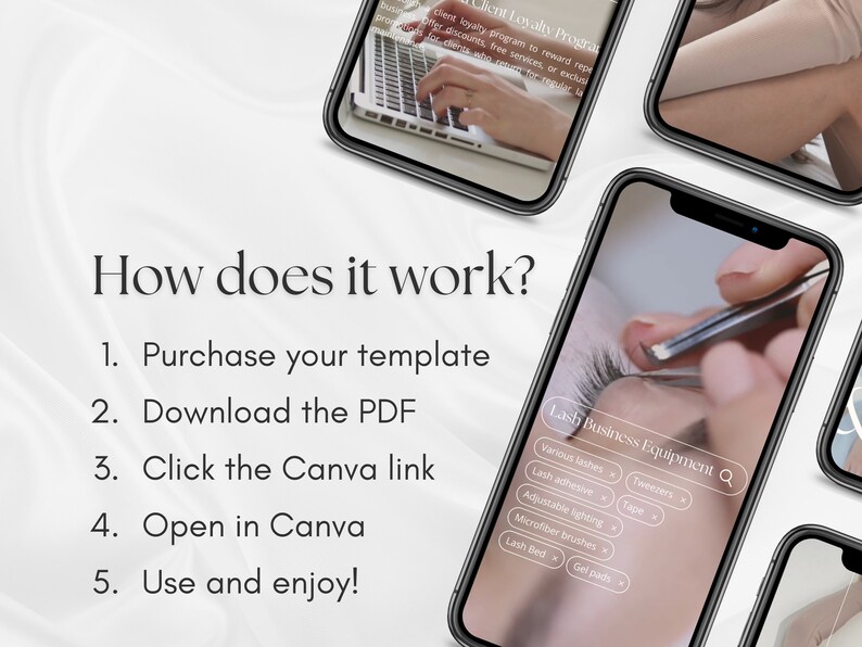 Pode incluir: Um guia passo a passo sobre como usar um modelo de neg&oacute;cios de c&iacute;lios. As etapas s&atilde;o: Compre seu modelo, Baixe o PDF, Clique no link do Canva, Abra no Canva e Aproveite! A imagem tamb&eacute;m mostra uma tela de telefone com uma barra de pesquisa para "Equipamento de neg&oacute;cios de c&iacute;lios" e uma lista de suprimentos para neg&oacute;cios de c&iacute;lios.