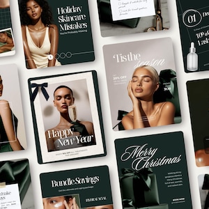 Könnte beinhalten: Eine Sammlung von Werbebildern für Hautpflege und Schönheitsbehandlungen. Die Bilder zeigen Models, Produktdarstellungen und Textüberlagerungen mit Sätzen wie „Happy New Year“, „Merry Christmas“ und „Bundle Savings“. Die Farbpalette ist dunkelgrün und weiß.