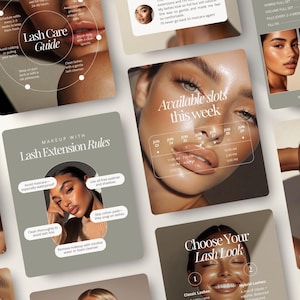 May include: A collection of digital screens displaying information about lash extensions and makeup. The screens feature images of women with makeup, along with text such as "Lash Care Guide," "Makeup with Lash Extension Rules," and "Available slots this week."