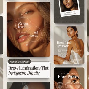 May include: A collection of Instagram posts with a neutral and aesthetic theme, promoting brow lamination and tint services. The posts feature images of women, text, and graphics, including the phrase "Fix your brows, not your ex."