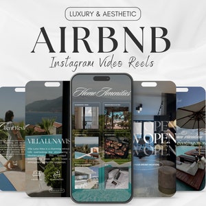 Puede incluir: Cuatro pantallas de teléfono que muestran un anuncio de Airbnb. Las pantallas muestran imágenes de la villa, las comodidades y las reseñas de los clientes. El texto en las pantallas dice "Home Amenities", "Villa Luna Vista", "Client Reviews" y "Open for booking".