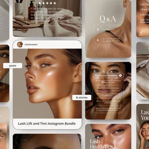 Könnte beinhalten: Eine Collage mit Inhalten zu Schönheit und Hautpflege, darunter Bilder von Gesichtern mit verbesserten Wimpern, Produktdarstellungen und Textüberlagerungen. Der Text enthält "Lash Lift and Tint Instagram Bundle" und "Lash Benefits You'll Love."