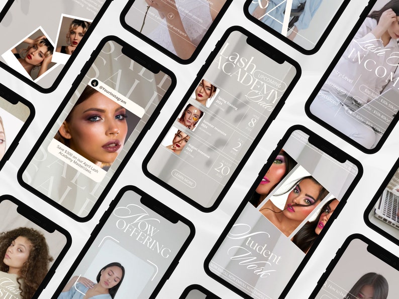 Pode incluir: Uma colagem de imagens em telas de smartphones promovendo uma academia de c&iacute;lios. As imagens incluem um calend&aacute;rio, trabalhos de alunos e um an&uacute;ncio de venda. O texto nas imagens inclui "Pr&oacute;ximas datas da Academia", "Trabalho dos alunos", "Academia de c&iacute;lios" e "Economize &euro; 300 em nosso Masterclass de c&iacute;lios de abril".