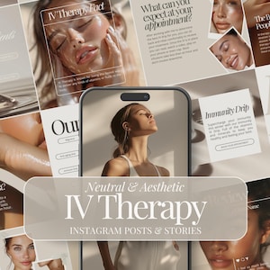 May include: A collage of images promoting IV therapy. The images feature a woman receiving an IV drip, a close-up of a woman's face, and text about the benefits of IV therapy. The text includes phrases like "Neutral & Aesthetic IV Therapy", "Immunity Drip", and "How long does IV hydration last?"